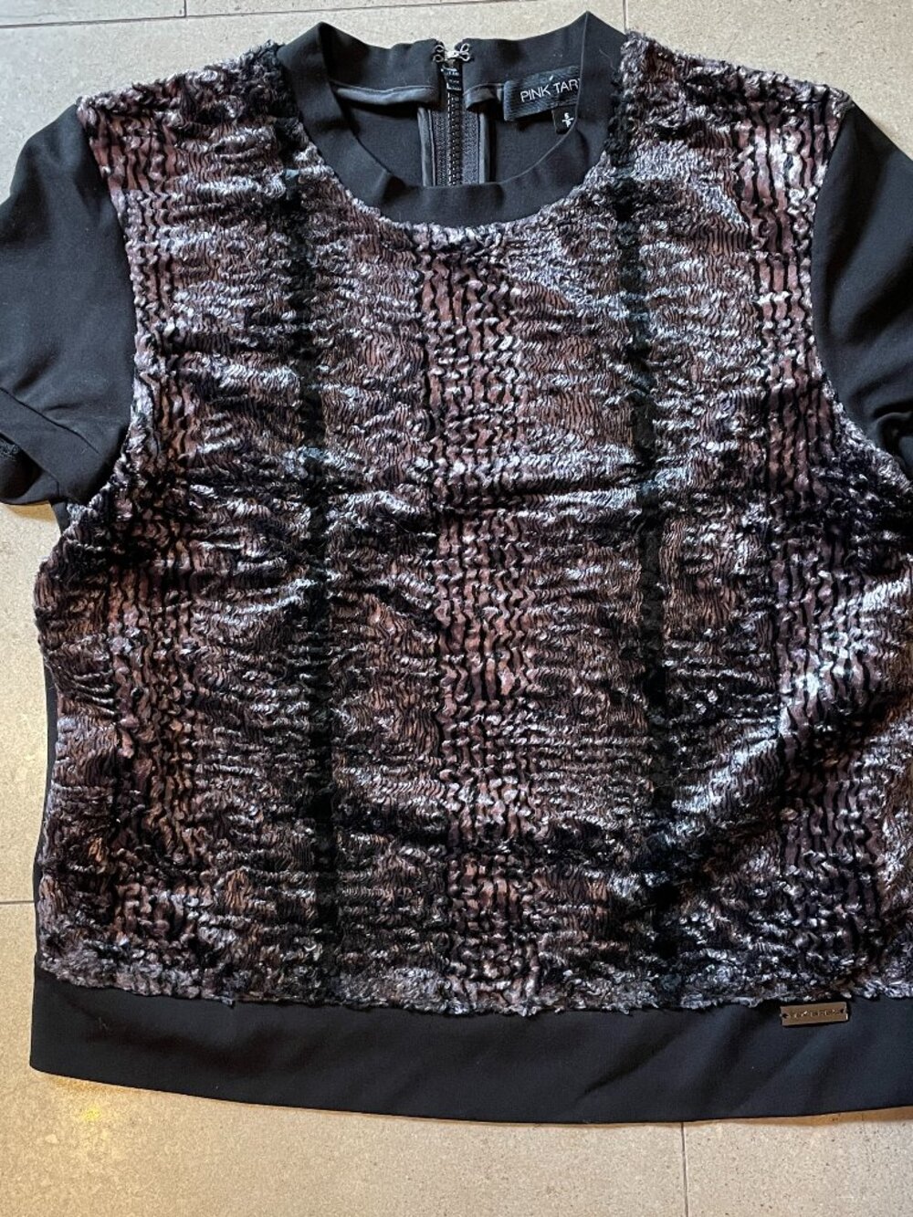Pink Tartan short sleeve back zip top-plush velvet front panel-Small
